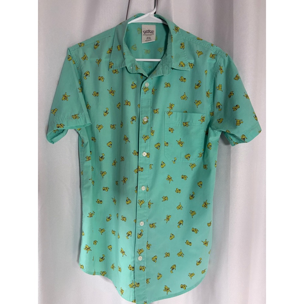 Pokemon Pikachu Mint Green Short Sleeve Button Down Shirt Mens Small S MC0045